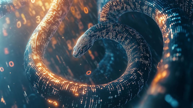 Photo programming and coding in python are symbolized by a snake with binary code