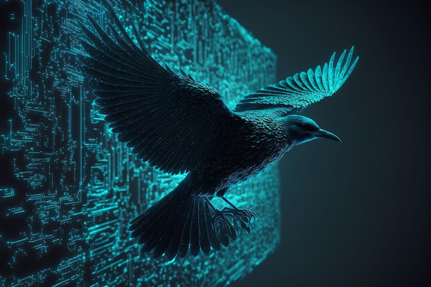 Photo the programming concept of the future a bird of software code the concept of digital transformation systems engineering binary code programming