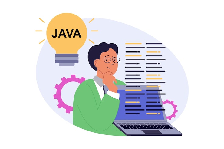 Photo programming concept in modern flat design for web man creating code working with java computer language at laptop creating software products or improving algorithms project vector illustration