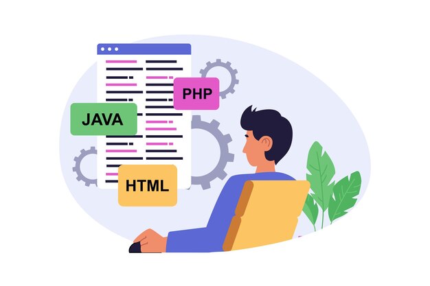 programming concept in modern flat design for web man working with java php and html computer languages at screen creating software products and coding developing new service vector illustration