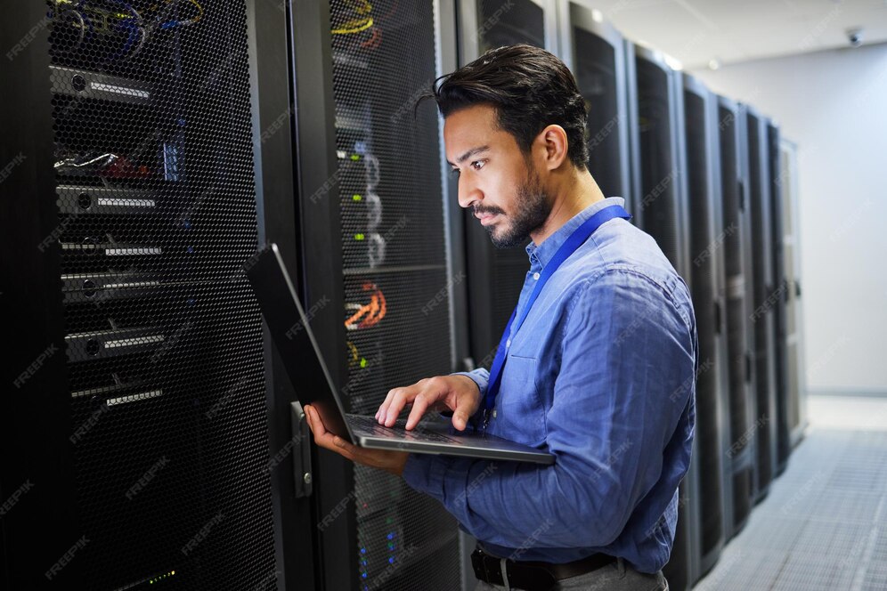 Premium Photo | Programming data center and a man with a laptop for ...