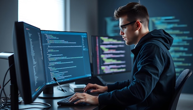 programming developing software application programmer writing program code with two monitors and