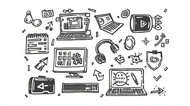 Photo programming doodle icons algorithm flow to design software computer monitor with code displayed on screen laptop circuit chip keyboard connected by arrows line art modern