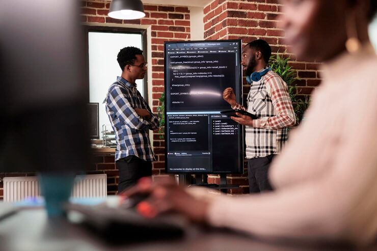 Photo programming engineers analyzing html code standing in front of big screen, checking errors in artificial intelligence project. software developers working on machine learning software in it agency
