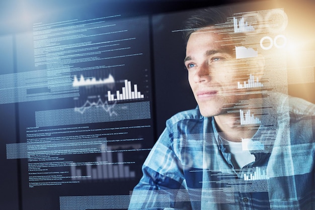programming hologram and man with code coding and data analysis with graphs charts and online reading male person employee or programmer with concentration holographic or research for software