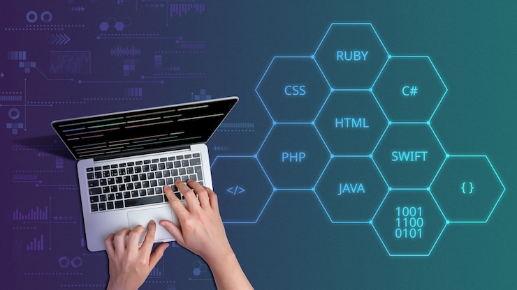 Photo programming languages code with person and laptop.