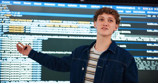 Programming lecture student and man in university for learning education or teaching ai course College class and study coding with data for software development in digital presentation on screen