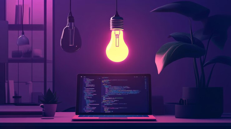 Photo programming setup with laptop and glowing light bulb in modern office creative inspiration concept