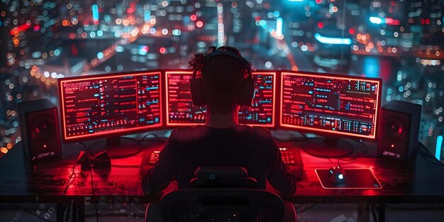 programming with red backlit keyboard and data display on monitor concept software development red backlit keyboard data display coding environment programming setup