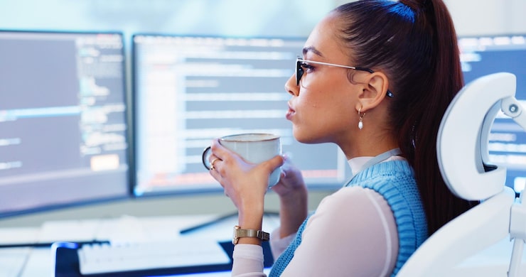 Photo programming woman or coffee with computer for software development reading information or system update professional app coding and cyber security with it database for data analysis and testing