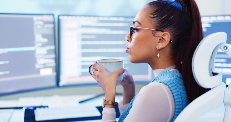 Photo programming woman or coffee with computer for software development reading information or system update professional app coding and cyber security with it database for data analysis and testing