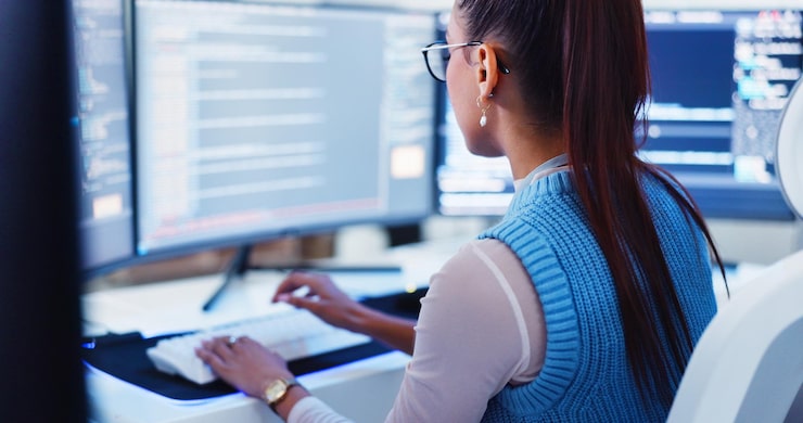 Photo programming woman and typing on computer for software development cloud computing server or system update professional app coding and cyber security with it database for data analysis and testing