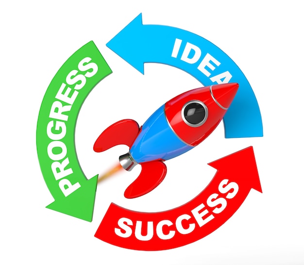 Progress, Idea, Success Arrow Diagram with Rocket on a white background. 3d Rendering