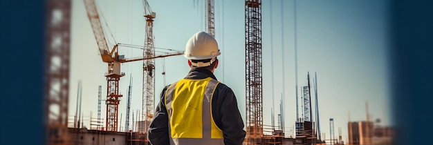 Progress Monitoring Construction Engineer in Full PPE Examining Building Site