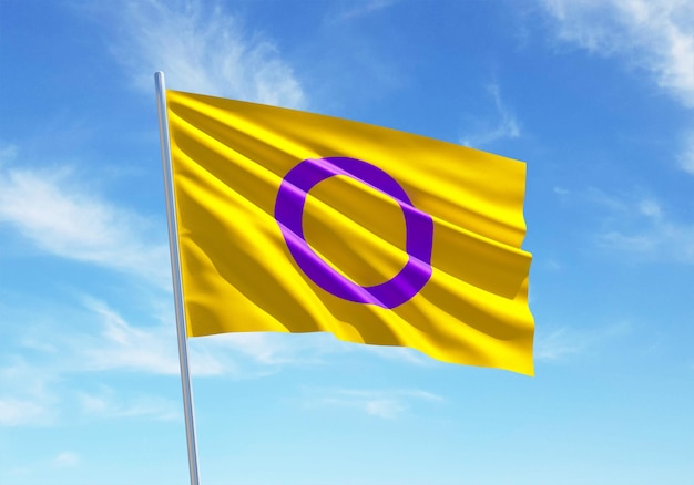 Progress Pride with intersex inclusion rainbow flag waving in a blue sky for LGBTQIA Pride month sexuality freedom love diversity celebration and the fight for human rights in 3D illustration