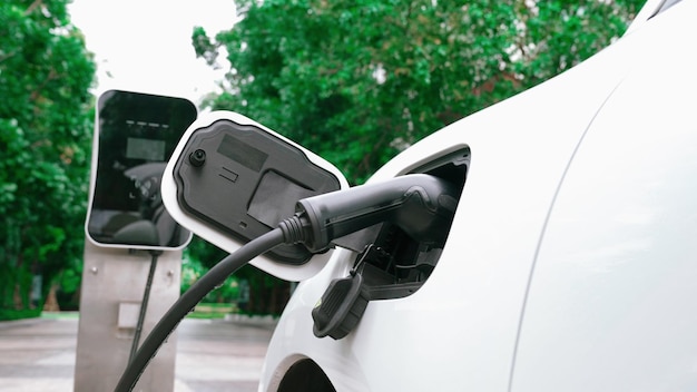 Progressieve duurzaamheid van het energieconcept door elektrische auto's te parkeren en op te laden naast een thuisladingsstation Elektrisch voertuig aangedreven door hernieuwbare energie voor milieubescherming