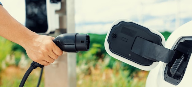 Progressieve natuurlijke scenografie van met de hand insteken van de oplaadstekker in de EV-auto