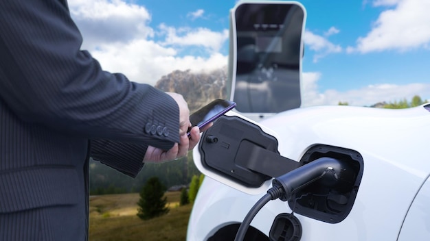 Progressieve zakenman die de batterij van EV car39s van smartphone controleert bij berg
