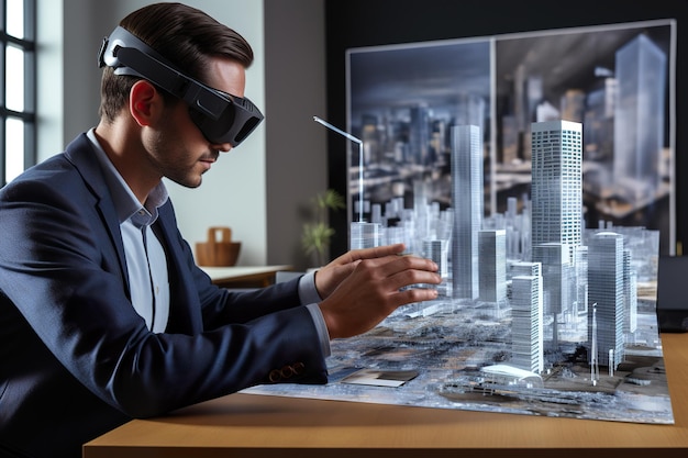 Progressive architector work with digital virtual building design in virtual reality glasses