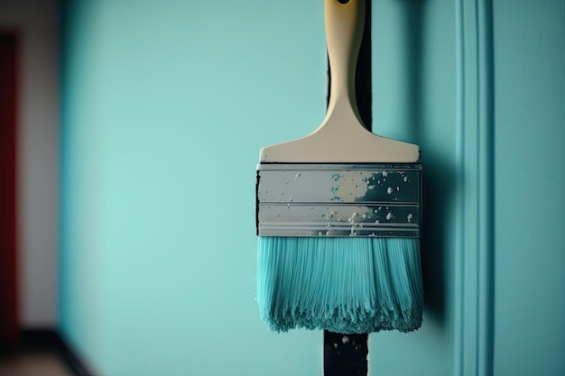 A project closeup of a roller paint brush on freshly painted walls