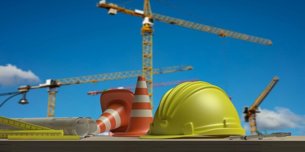 Чертежи проекта строительства и инженерные инструменты сайт башенных кранов фон 3d иллюстрация