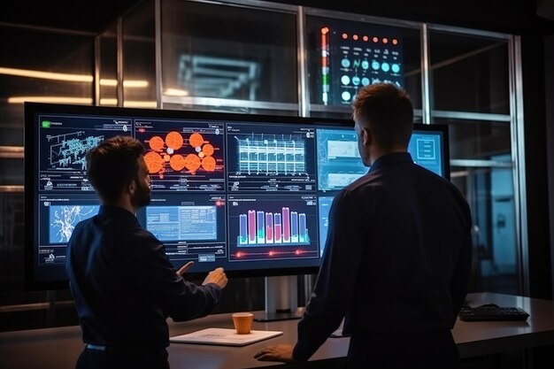 Project Manager and Computer Science Engineer Talk while Using Big Screen Display and a Laptop Showing Infrastructure Infographics Data Telecommunications Company System Control and Monitoring Room