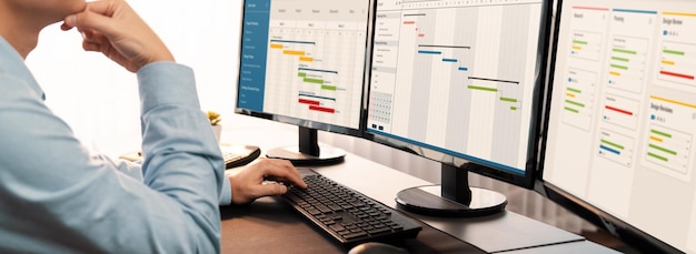 Photo project manager planning schedules for business task on office using gantt chart software display on screen modern business management and work flow organization trailblazing