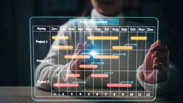 프로젝트 관리자는 미래형 가상 인터페이스 화면에서 작업하고 Gantt 차트 스케줄링 인터페이스 비즈니스 프로젝트 관리 시스템을 사용하여 작업 및 이정표 진행 계획을 업데이트합니다.