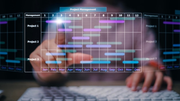 사진 랩톱에서 작업하는 프로젝트 관리자는 가상 화면 비즈니스 프로젝트 관리 시스템에서 회사의 gantt 차트 일정 인터페이스를 사용하여 작업 및 이정표 진행 계획을 업데이트합니다.