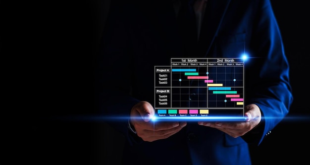 タブレットで作業し、ガントチャートを使用してタスクとマイルストーンの進捗計画を更新するプロジェクト マネージャー