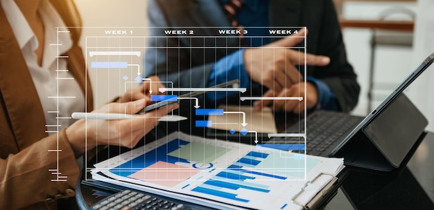 Project manager working and update tasks with milestones progress planning and Gantt chart scheduling diagrambusiness tram working