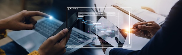 Project manager working with Gantt chart schedule to plan tasks and deliverables Scheduling activities with a planning software Corporate strategy for finance operations sales marketing