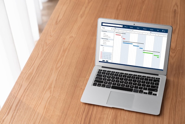 チームプロジェクトのタイムラインチャートを表示するコンピューター画面上の現代的なビジネスプロジェクト管理用のプロジェクト計画ソフトウェア