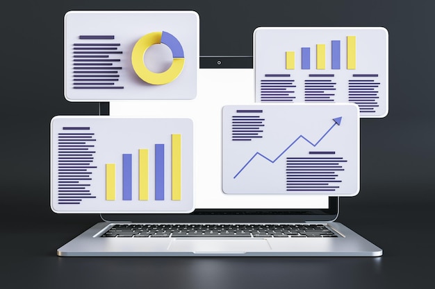 Статистика проекта, финансовые данные, графики продаж, отчет о подготовке и синхронизации данных на цифровых окнах и современном ноутбуке на темном фоне 3D рендеринга