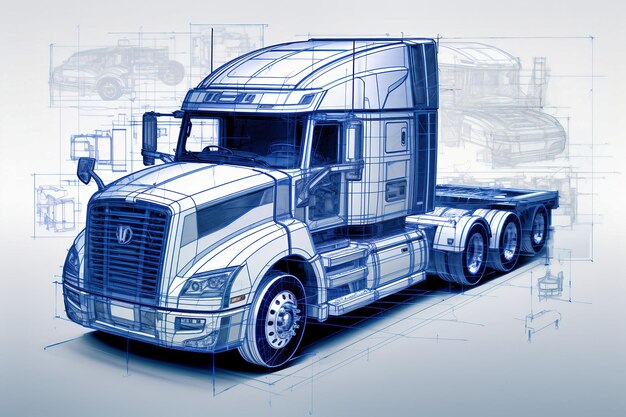 Projectie van een moderne vrachtwagen of vrachtwagen Grafische 3D-visualisatie toont de analyse en optimalisatie van een volledig ontwikkeld voertuigprototype Moderne technologieën van de machinebouw