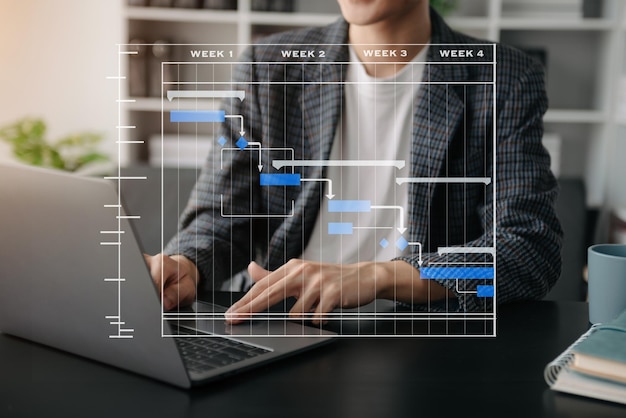 Projectmanager werkt en werkt taken bij met mijlpalen voortgangsplanning en Gantt-diagramplanningsdiagram zaken werken met smartphone, tablet en laptop