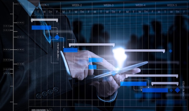 Projectmanager werkt en werkt taken bij met voortgangsplanning voor mijlpalen en Gantt-diagram