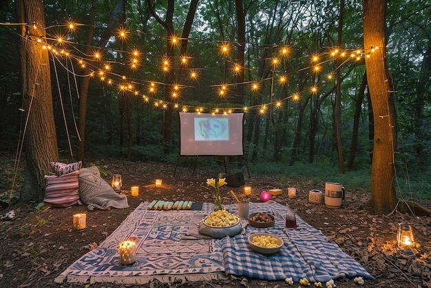 Projector for an outdoor movie night under the stars string lights and blankets popcorn bowls