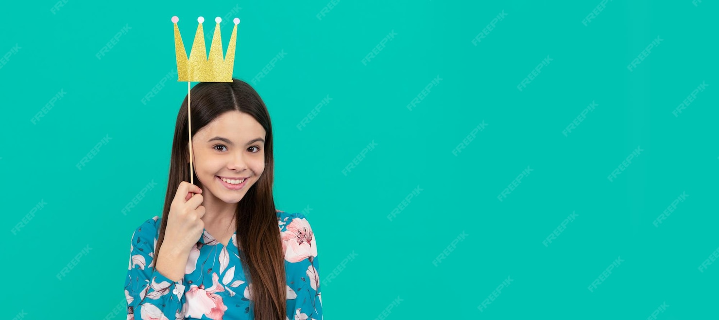 Premium Photo | Prom party Happy girl hold paper crown Prom queen blue