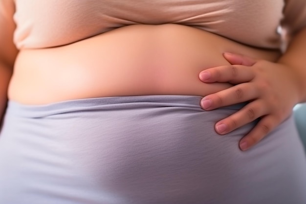 Photo prominent belly concerns about obesity manifested an introspective moment about health