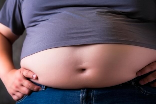비만에 대한 두드러진 배 걱정은 건강에 대한 내성적인 순간을 나타니다.
