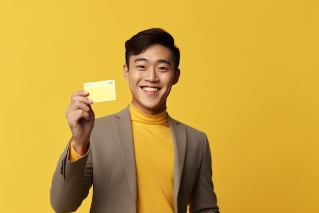 Promising Financial Future Energetic Asian Youth Extols Bank Offer Flashing Credit Card Amid Vibr