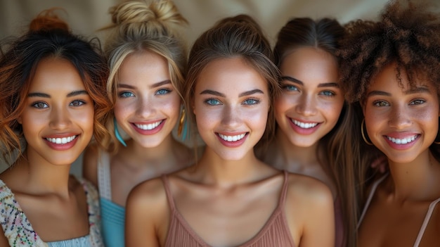 To promote skincare a portrait face and smile with a happy and natural female friend group indoors on a beige background is shown