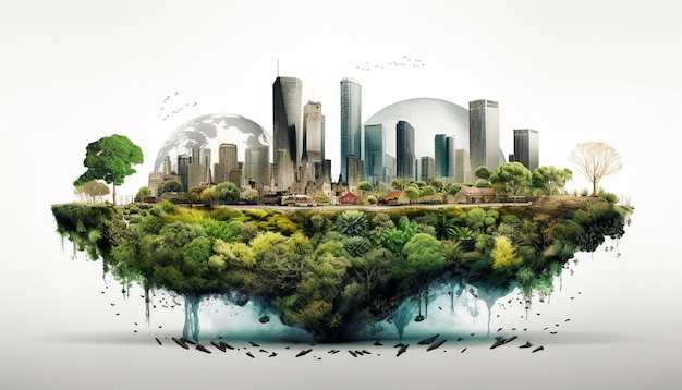 Promote urban greening initiatives by depicting one side of Earth as a concrete jungle with pollution and the other side showing a cityscape integrated with green spaces and plants