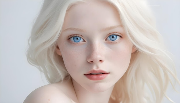 Promotie banner met een mooi albino model close-up gezicht blauwe ogen