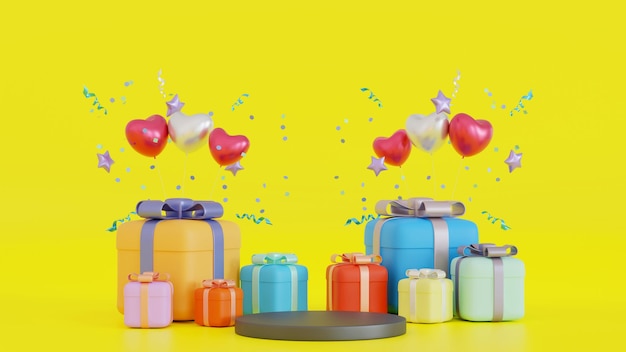 Promotie voetstuk podium podium met geschenkdoos ballon voor valentijn of jubileum 3D render