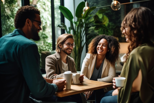 Photo promoting workplace diversity engaging coffee break conversations on project collaboration