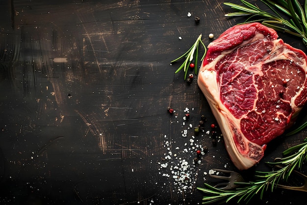 フレッシュ・ラウ・リブ・アイ・ステーキ (Fresh Raw Rib Eye Steak) の販売はレストランやマーケットストアで行われます コンセプト・フード・フォトグラフィーレストラン・プロモーションマーケット・ディスプレイ新鮮な材料キッチン・セッティング