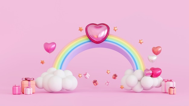 Promotion platform cloud and rainbow with gifts box and balloon mock up for valentine or anniversary season 3D rendering