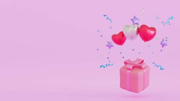 Confezione regalo con piattaforma promozionale e mock up di palloncini per il rendering 3d della stagione di san valentino o anniversario